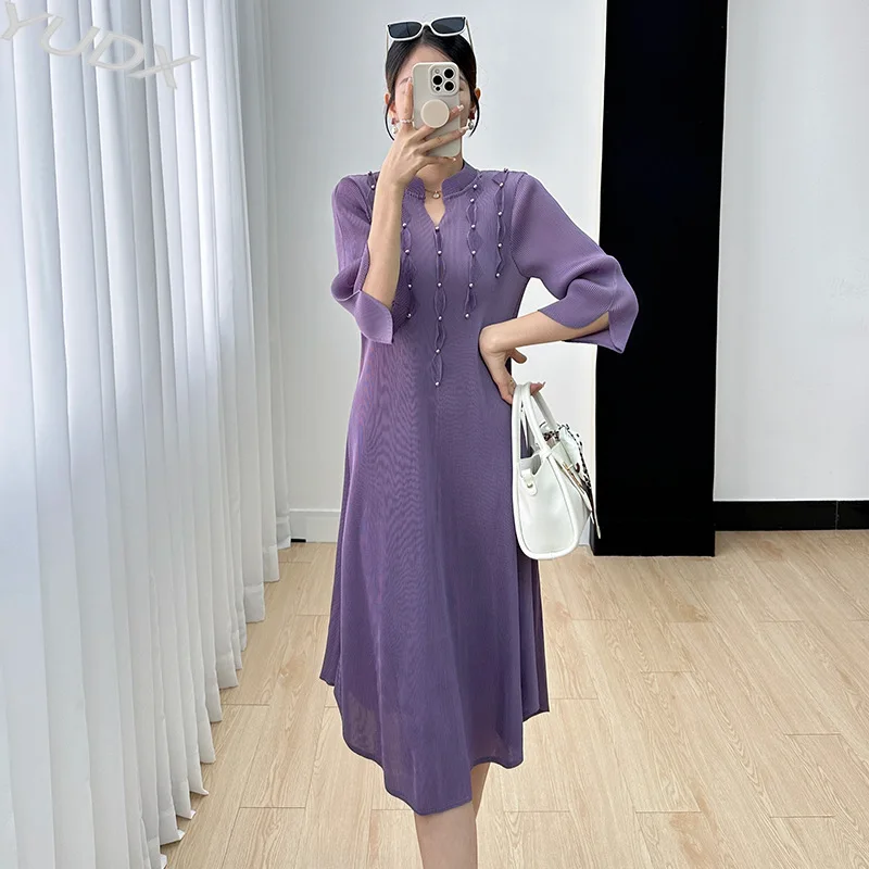 

YUDX Miyake Dress 2023 Autumn New Fashion Temperament Commuter Simple Solid Color Seven Sleeve Pleated Women's Mid-Length Skirt