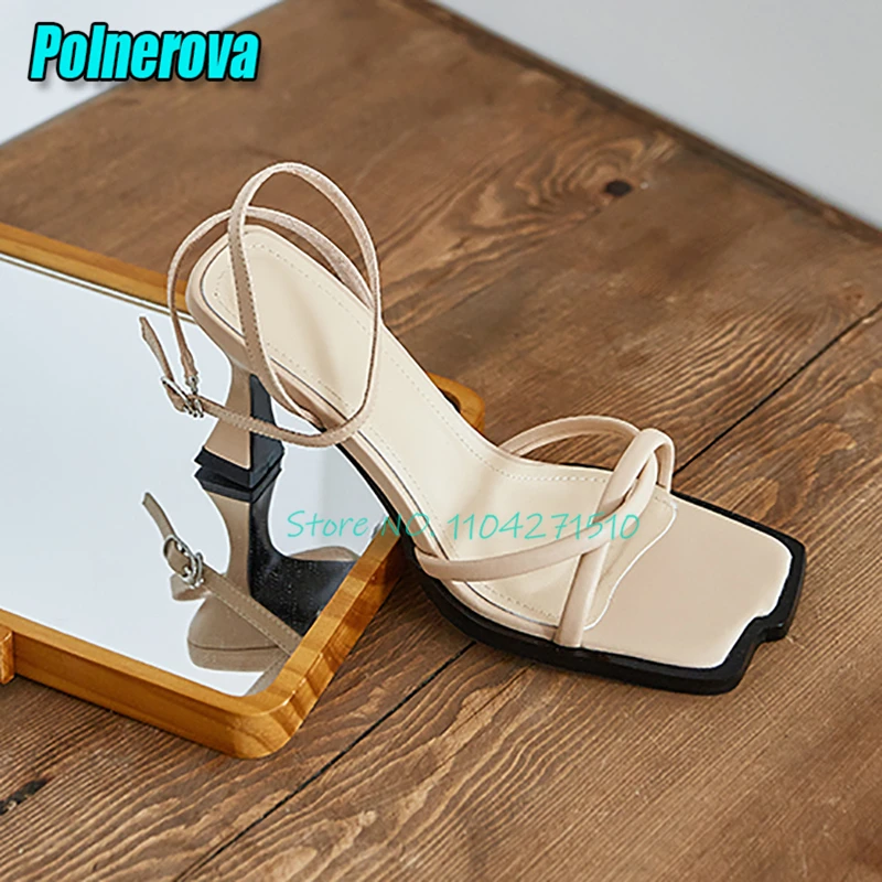 

Сексуальные женские босоножки на каблуке с квадратным носком, бежево-коричневые летние туфли на высоком каблуке из натуральной кожи с перекрестным ремешком и пряжкой на щиколотке