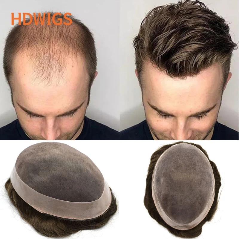 New Men's Wig Fine Mono Men Capillary Prosthesis Durable Indian Human Remy Hair Wigs Natural Hair System Brown Human Hairpieces