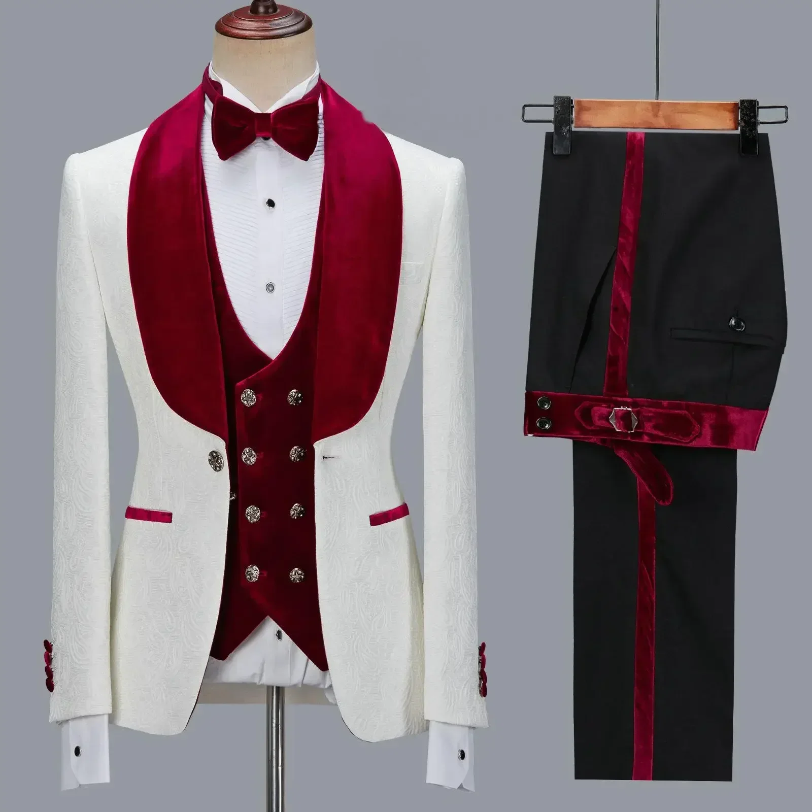 Costume formel de marié coupe couvertes pour mariage, smoking de marié, blazer floral imbibé, revers châle en velours, pantalon glacé, 3 pièces