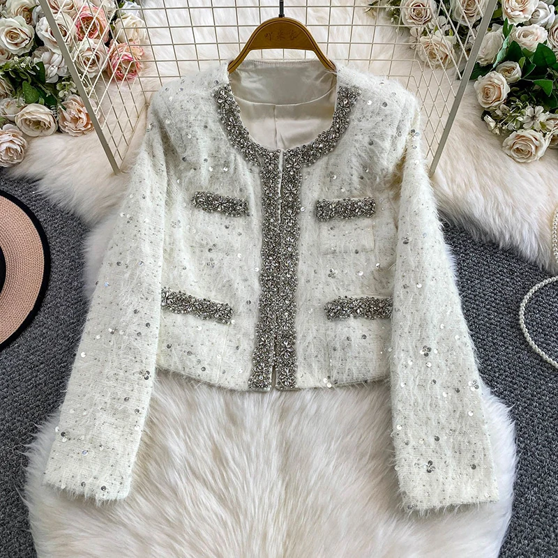 

French style luxury heavy industry diamond studded bead round neck jacket women slimming and high-end feeling sequined coat