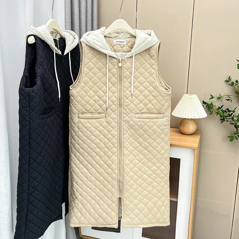 Womens Plus Size Winter Parkas Casual Clothing Simple Block Color Hooded Sleeveless Jacket Curve Argyle Long Padded Coat S6 5705