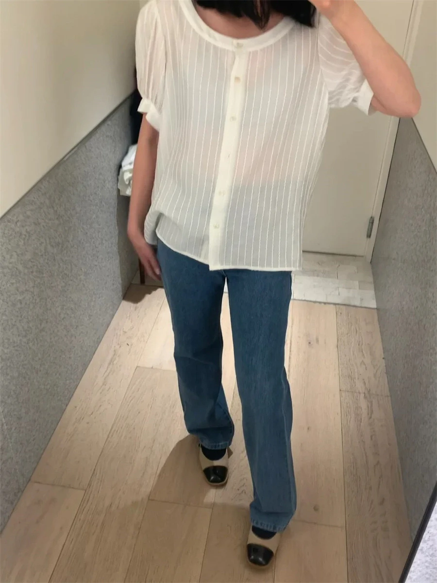 

Casual round Ne ort Sve irt Tannat Sle Top Women's Loose Fit Cotton Blend Bubble Sve Pure Color Spring 2025