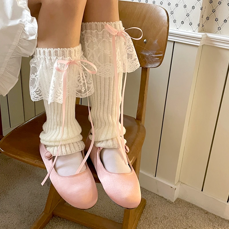 Woman Leg Warmers Japanese Bowknot Ribbon Leg Warmers For Women Knee Warmers Long Socks Kawaii Y2k Jk Knitted Foot Cover