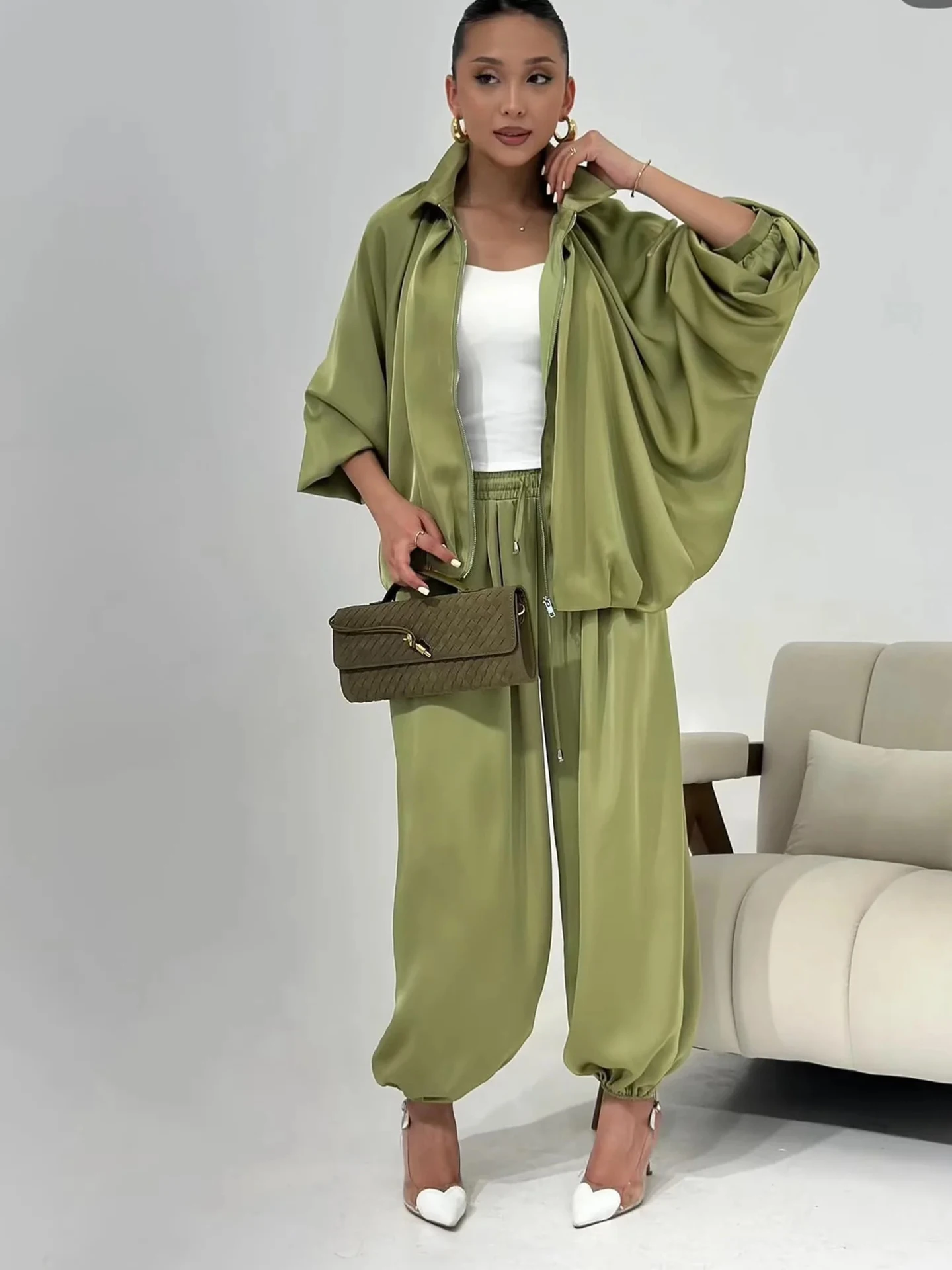 Autumn New Women's Long Sleeve Zipper Style Jacket with Bow Tie Lantern Pants Casual Fashion Set  Collar Outerwear