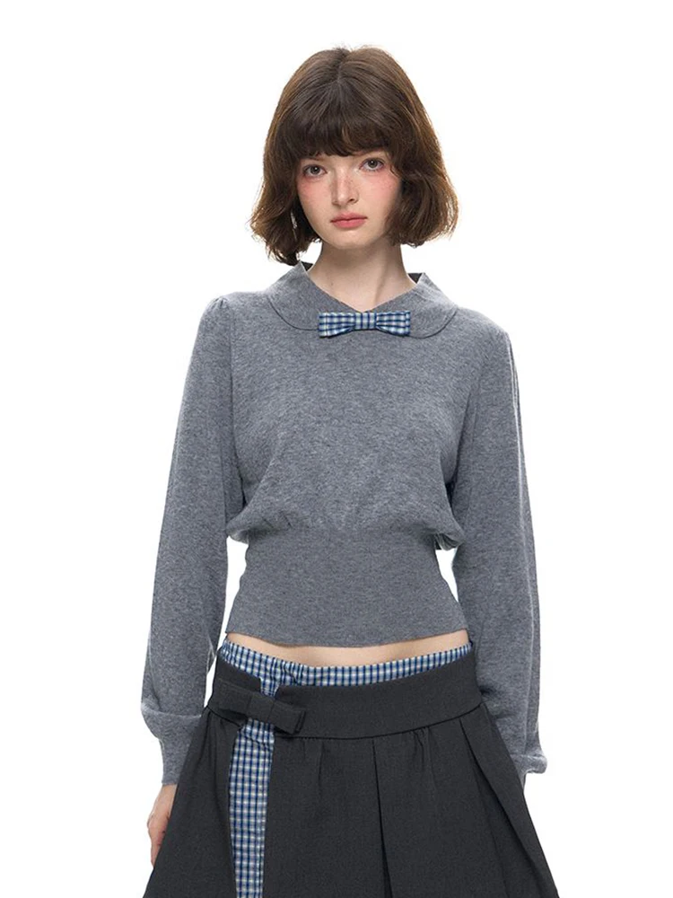

Kawaii Bow Crop Knit Sweater Women Sweet Cute Peter Pan Collar Long Sleeve Pullovers Slim Chic Casual Preppy Bottoming Jumpers
