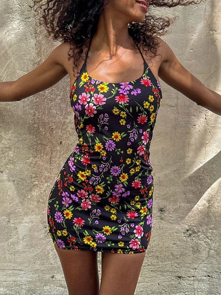 Nibber Colorful Floral Print Dress Women Low-Neck Cross Backless Sleeveless Skinny Sexy Fashion Beach Party Summer Mini Bodycon