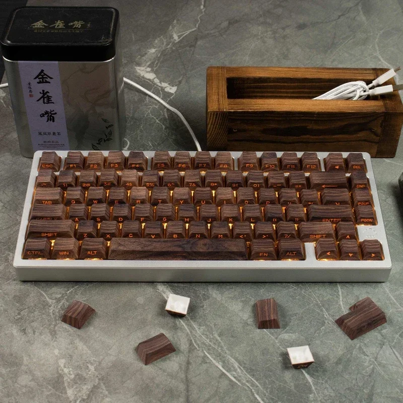 Walnut Wood Side Carved Keycaps Custom Cherry Profile Transparent PBT Artisan Keycaps Wooting Mechanical Keyboard 61/86/96/108