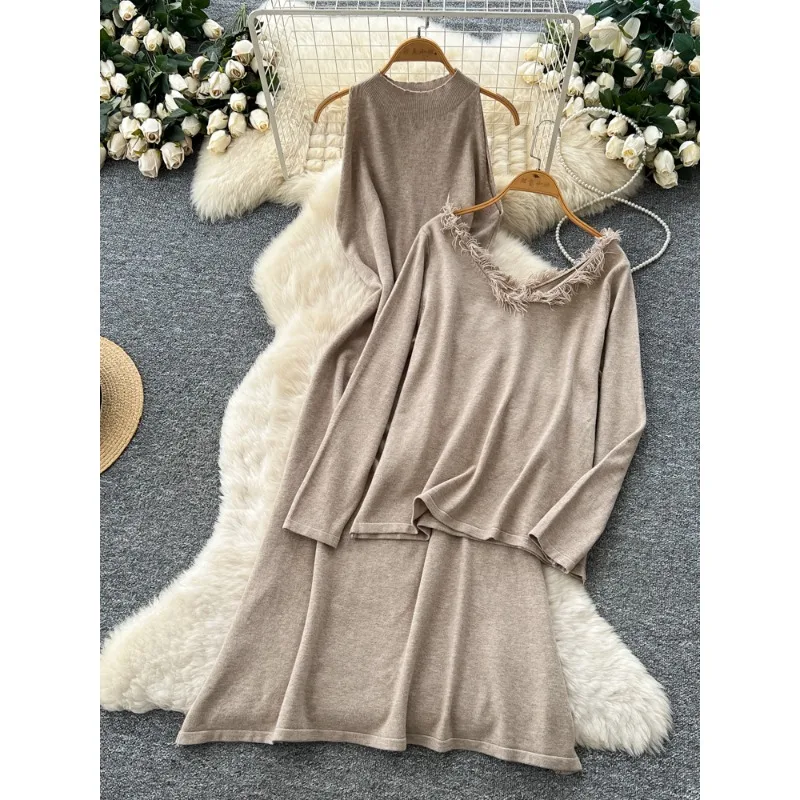 

Lazy Style Sweater Stacked-up Two-piece Set Women's Autumn Winter Sleeveless Waisted Knitted Dress Loose Long-sleeved Blouse Set
