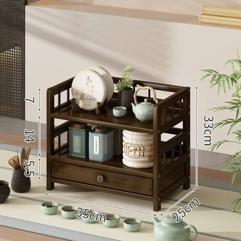 Chinese Style Nanmu Bamboo Desktop Tea Set Storage Cabinet, Multi-Layer Display Organizer with Anti-Dust Design for Tea Ceremony