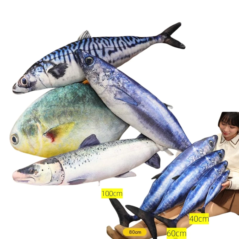 100cm Giant Simulation Fish Bream Tuna Salmon Plush Toy Cute Realistic Grouper Saury Plushies Soft Pillow Decor Birthday Gift