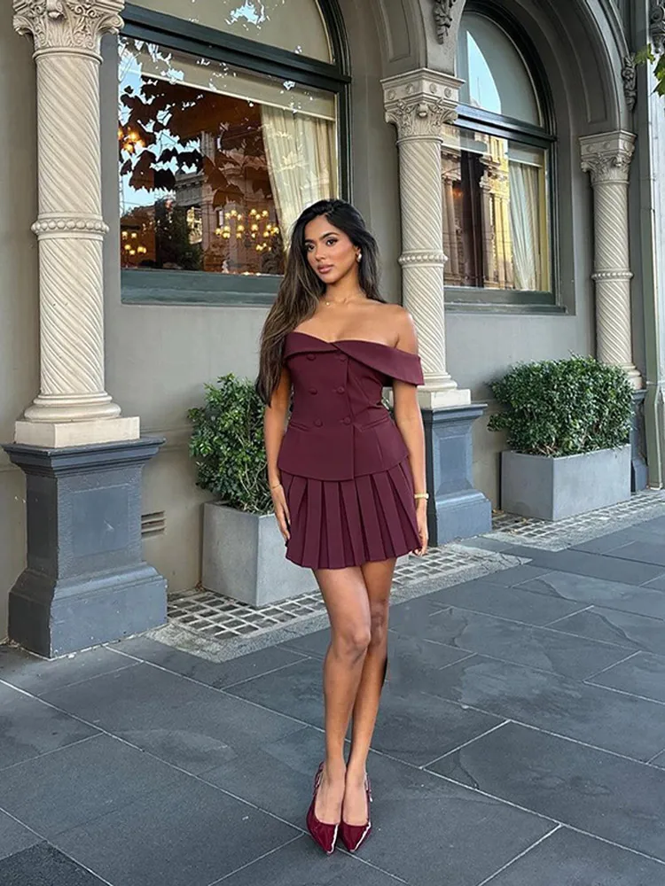 Sexy Burgundy Pleated Mini Skirt 2 Piece Set Double Breasted Off-shoulder Women\'s Tops Short Skirts Sets Elegant Party Outfit