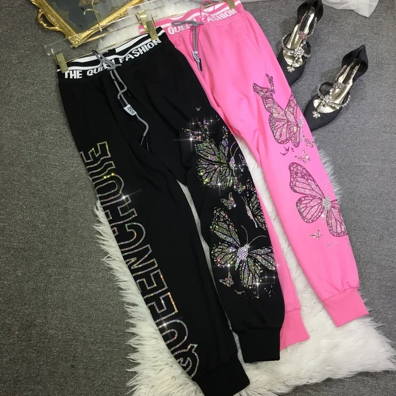 

High Quality Hot Drilling Butterfly Female Sweatpants Elastic Waist Casual Trousers Women Autumn Winter Diamonds Harem Pants