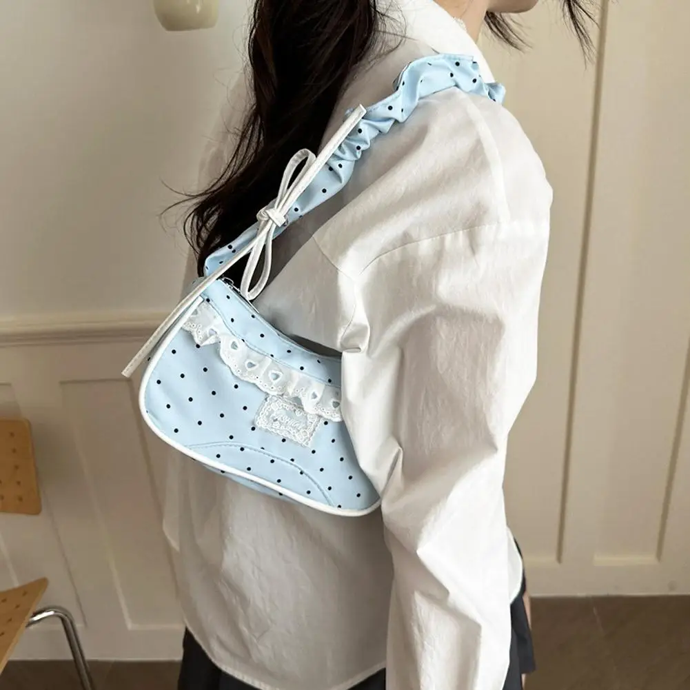 Niedliche Spitzen-Schultertasche mit Tupfenmuster, Süße Unterarmtasche mit Schleife, Y2k Mode, Lässige Umhängetasche, Crossbody-Tasche – Detail 8