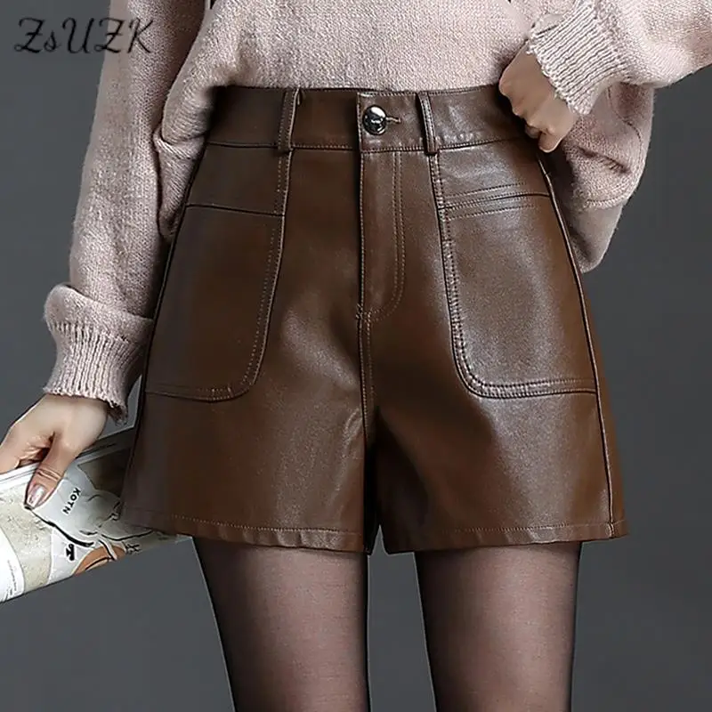 ZUZK PU Leather Shorts For Women Loose Shorts Autumn Winter Motorcycle Punk High Waist Fashion Bermuda Shorts Femme Boot Pants
