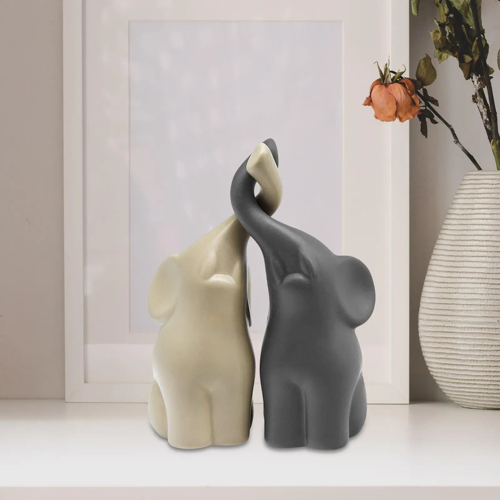 2x Couple Elephant Sculptures Creative Minimalist Ceramic Desktop Ornaments for Entrance Shelf Bedroom Cabinet Housewarming Gift