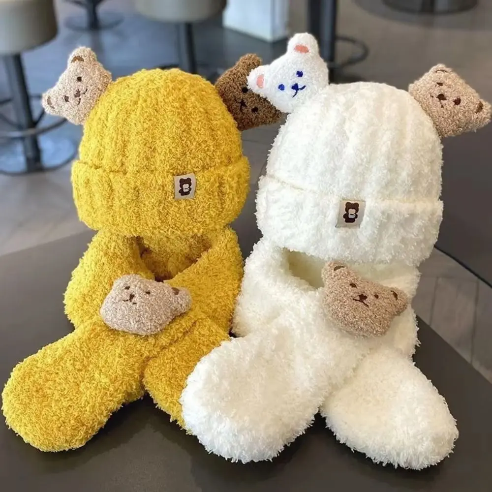 

Protection Neck Korean Style Baby Hat with Scarf Cute Cartoon Bear Scarf Hat Set Windproof Thickened Kids Crochet Hat Toddler