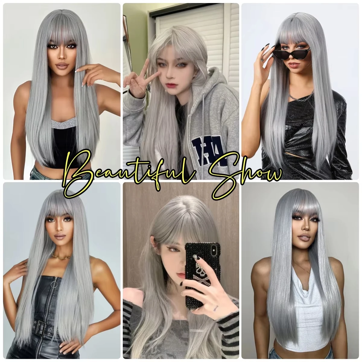 Perruque droite synthétique Grandma Grey de 26 pouces pour cosplay d'Halloween et usage quotidien, ensemble de perruques en soie haute température