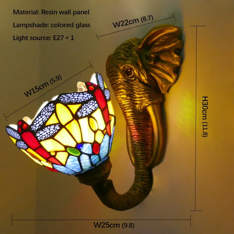 Настенные светильники SEAN Tiffany со слоном, винтажное зеркало для спальни, ванной комнаты, передняя лампа, отель, ресторан, витраж, настенный светильник