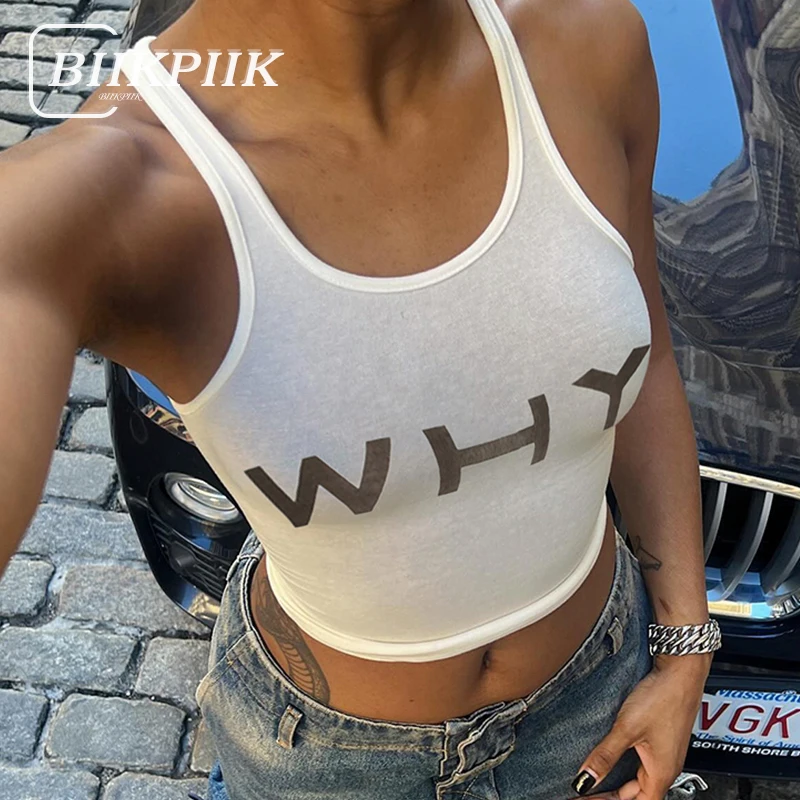 

BIIKPIIK Fashion Letter Printed Women Tank Top Streetwear Half Perspective Slim Fit Vests All-match Casual Sporty Singlet Summer