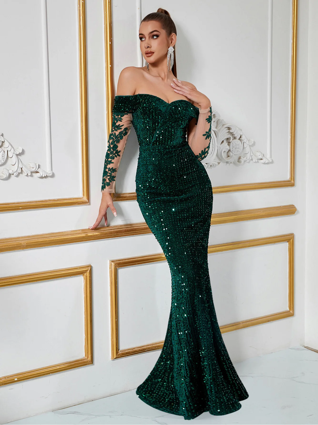 

New Bling Green Sequins Evening Formal Dress Off the Shoulder Lace Appliques Long Sleevs Mermaid Prom Pageant Party Gowns