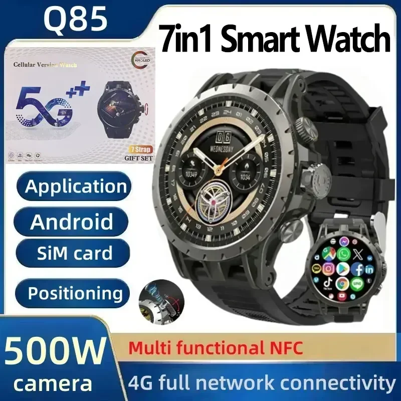 Q85 4G LTE Smart Watch 1.43 Inch AMOLED Screen 16GB+256GB 5MP Rotating Camera GPS WiFi IP67 Waterproof Google Play for Adults