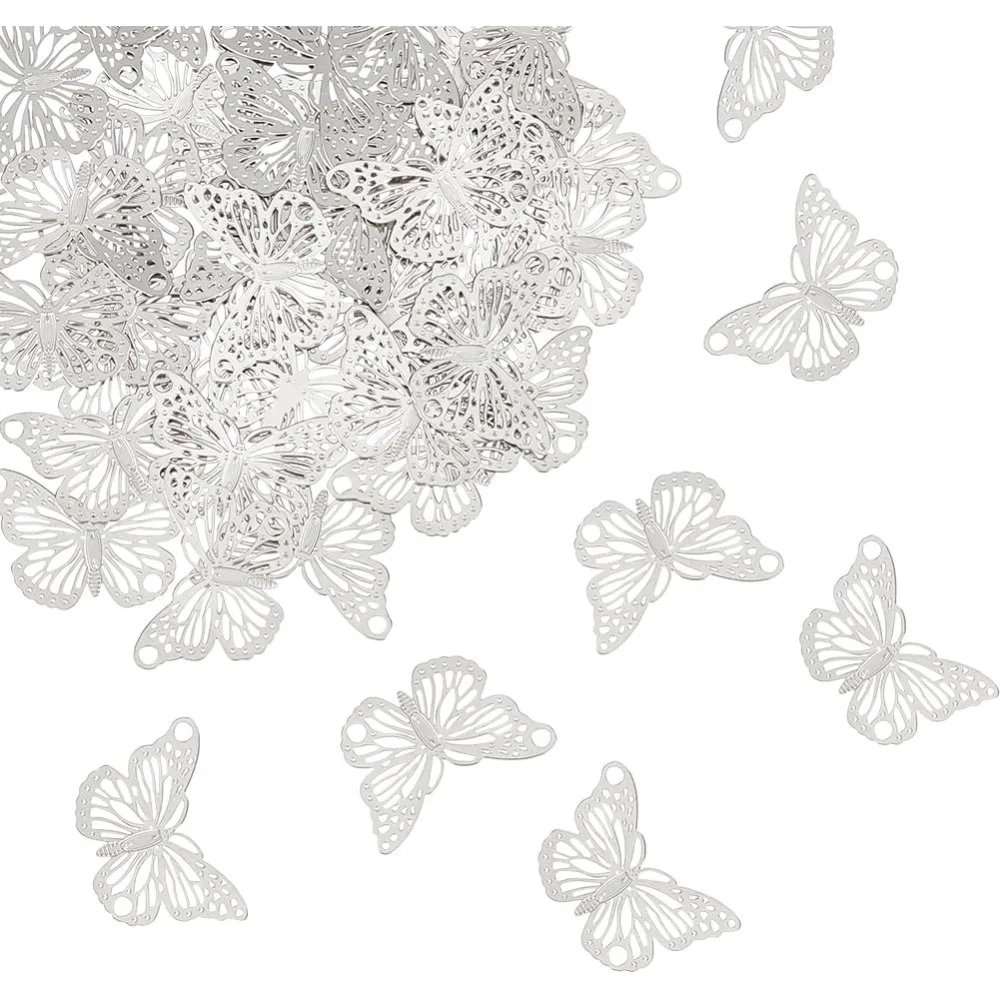 Подвески-бабочки, черные филигранные подвески, полые металлические украшения из нержавеющей стали, подвески для изготовления ювелирных изделий, комплект