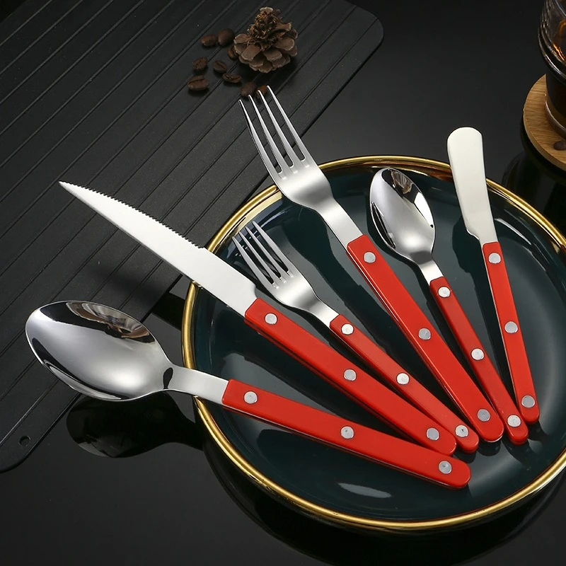 "Stainless Steel Mirror Finish Cutlery Set - ABS Handle Butter Knife, Steak & Dessert Forks/Spoons, Plastic Grip view 3