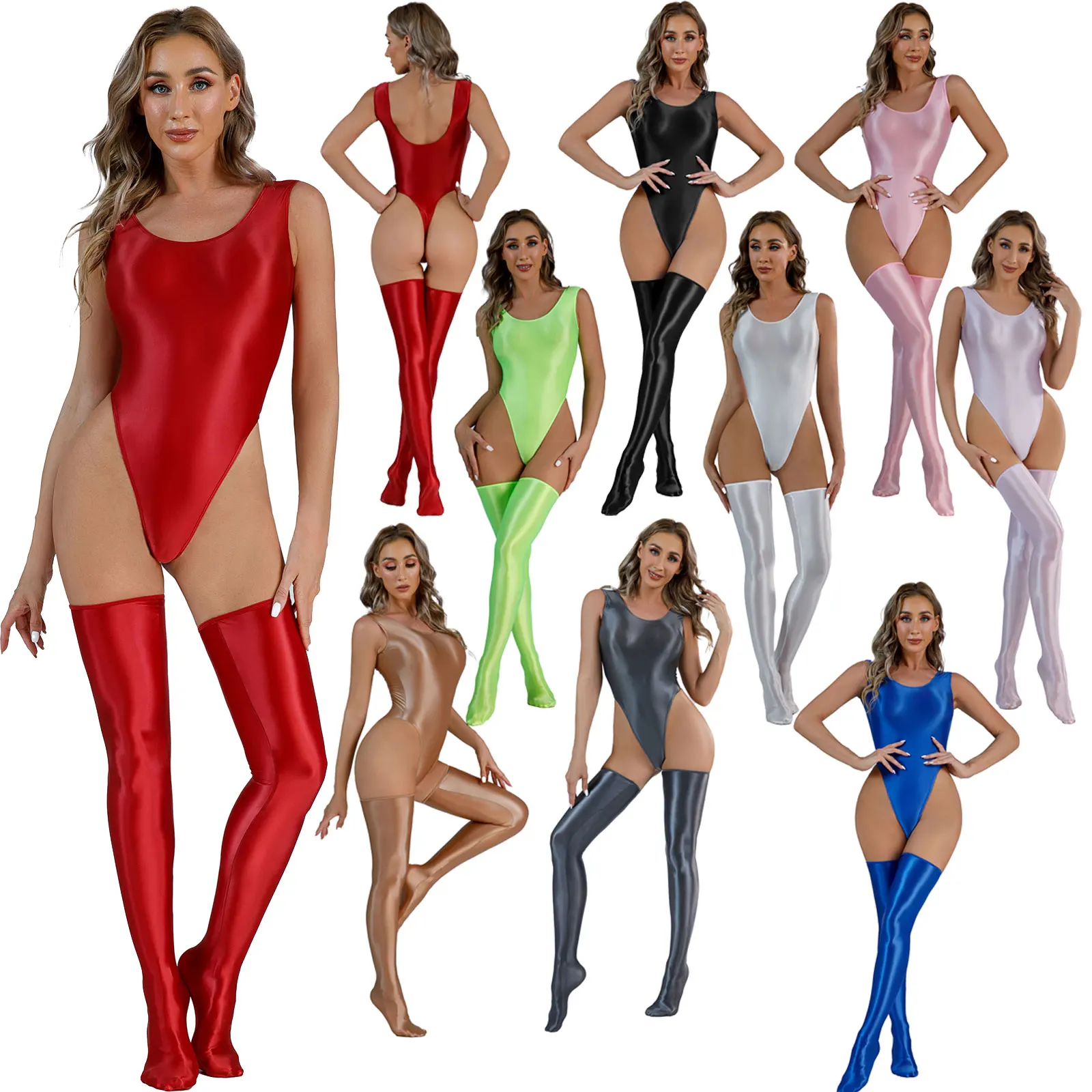 Women Oil Glossy Bodysuit with Stockings Set Elastic High Cut Leotard Erotic Nightwear Pole Dance Rave Party Clubwear Swimsuit