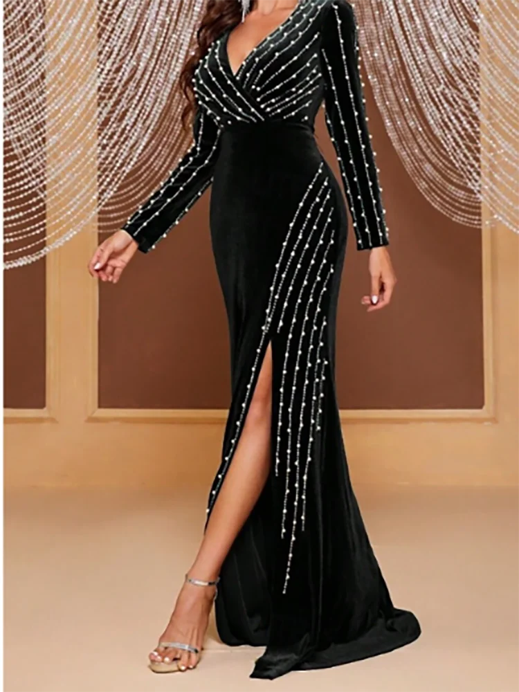 Classic V-Neck Beading Pearls Side Split Mermiad Evening Dresses Birthday Party Prom Gowns Customized