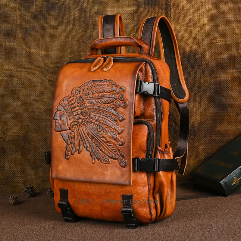 

2025 New Handmade Backpacks For Women Cowhide Backpack Embossed Large Female Travel Backpack Genuine Leather Luxury Bags