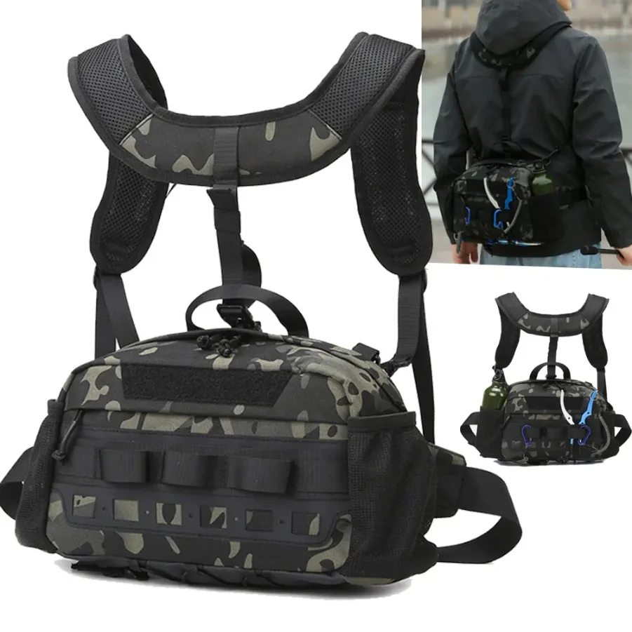 

Men's Hiking Vest Backpack Fishing Tactical Chest Bag Utility Sports Molle Waist Bags Large Outdoor Hunting Fanny Pack Camping