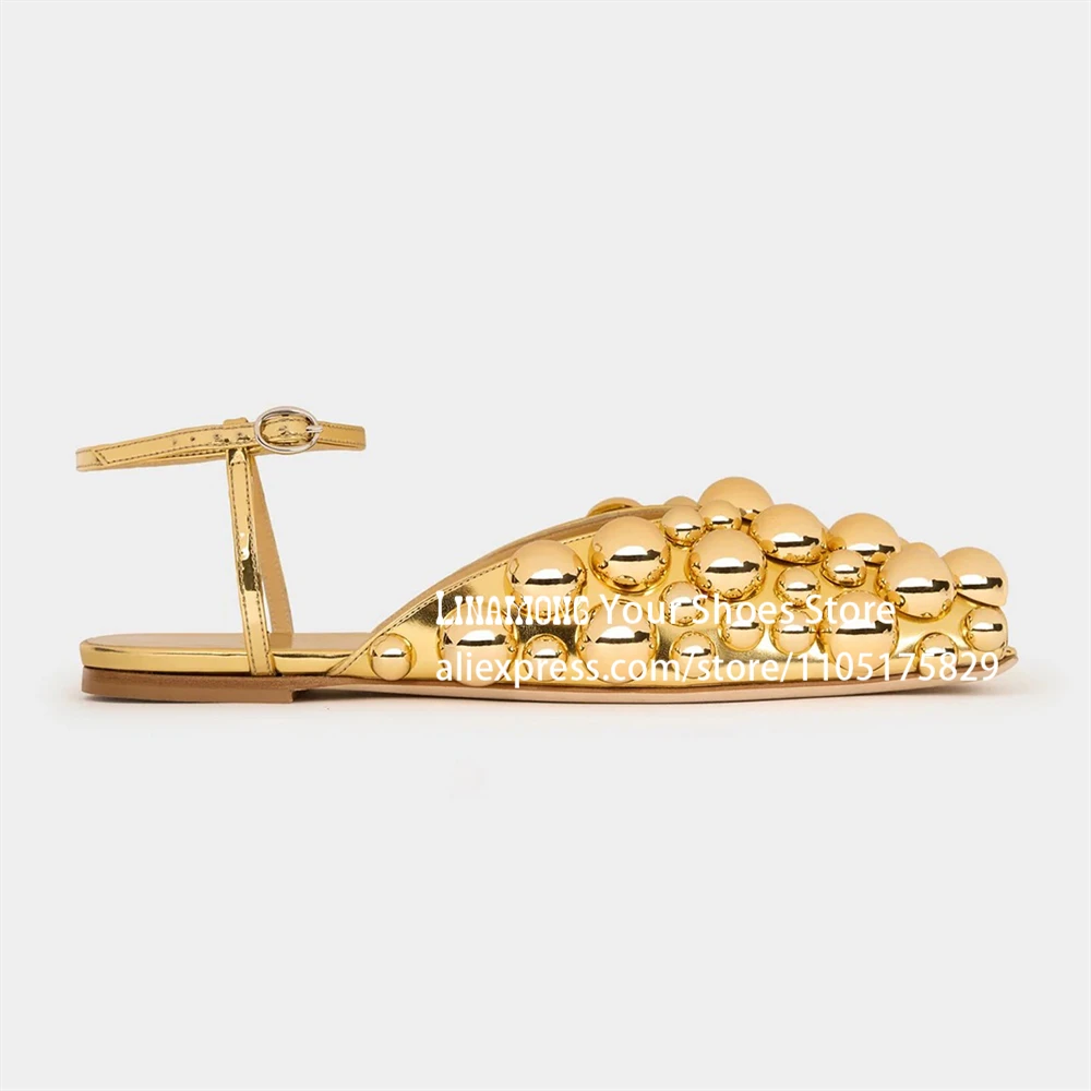 Metallic Bead Asymmetrical Flat Sandals Silver Gold Hemisphere Accents Summer Shoes Novelty Designer Style Ankle Strap Sandals