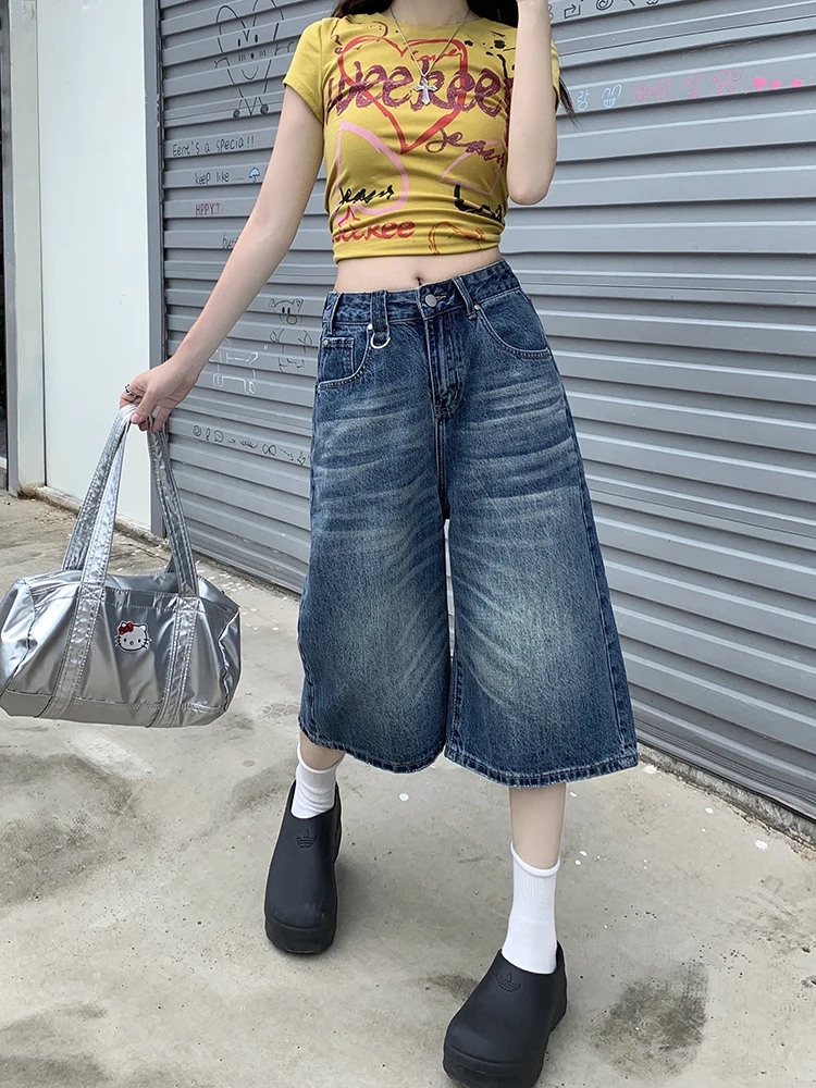 Retro-gewaschene Vintage-Jeans mit weitem Bein, 2025, Sommerfrauen, neue hohe Taille, schlankmachende, vielseitige, lockere Mode, fünf kurze Hosen