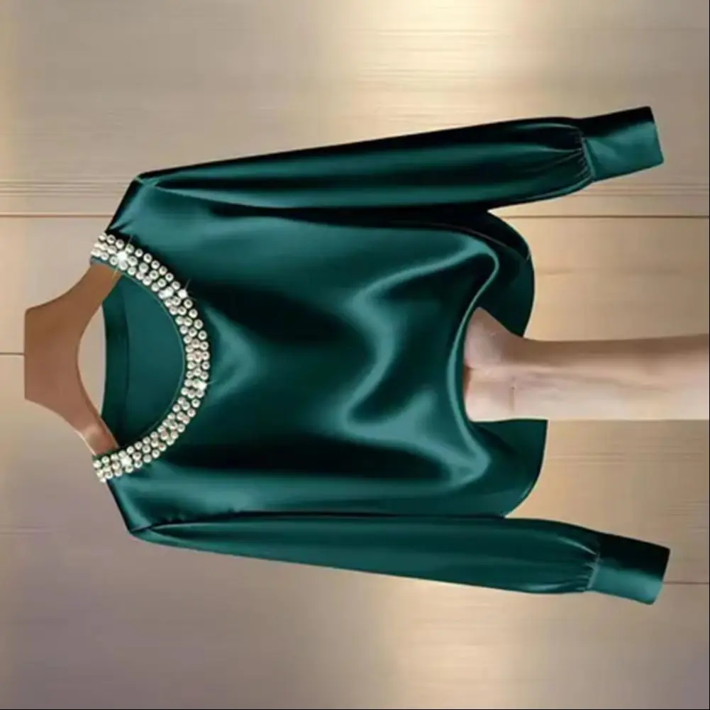 

Атласные топы с длинным рукавом Рубашка с длинным рукавом Женский атласный пуловер с декором из искусственного жемчуга Длинный рукав с круглым вырезом для ношения