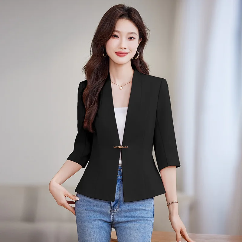 High quality women blazer three quarter sleeve slim jacket V neck autumn spring 2025 elegant office clothes pink black beige