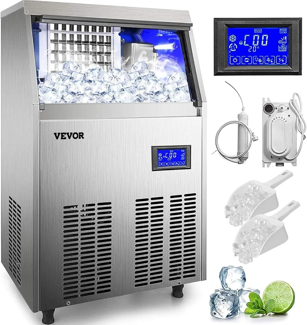 Commercial Ice Maker Machine 120LBS/24H with 33LBS Bin and Electric Water Drain Pump Stainless Steel Construction Auto Operation