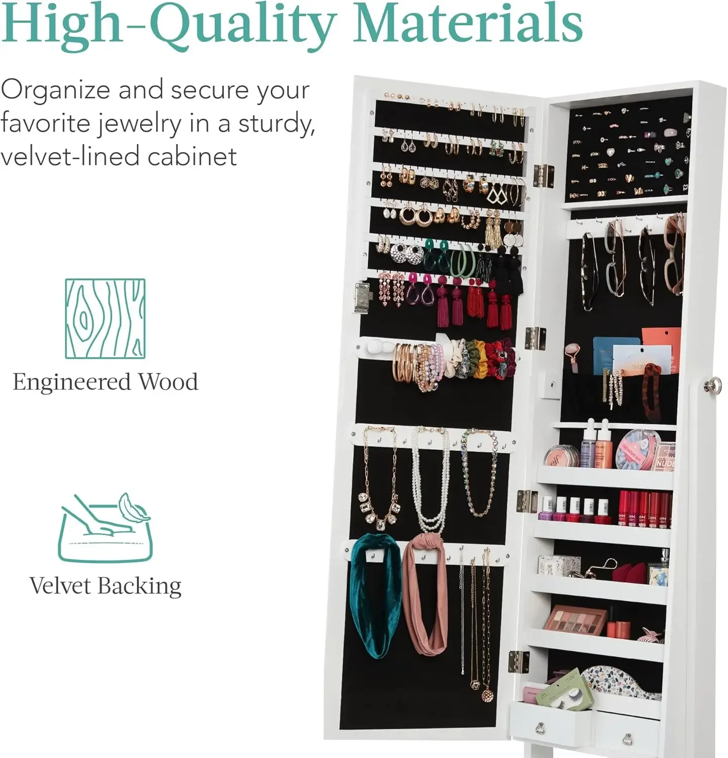 Jewelry Armoire Cabinet, Full Length Standing Mirror, Lockable Makeup Storage Organizer, w/Velvet Lining, 3 Angles, Lock, Access