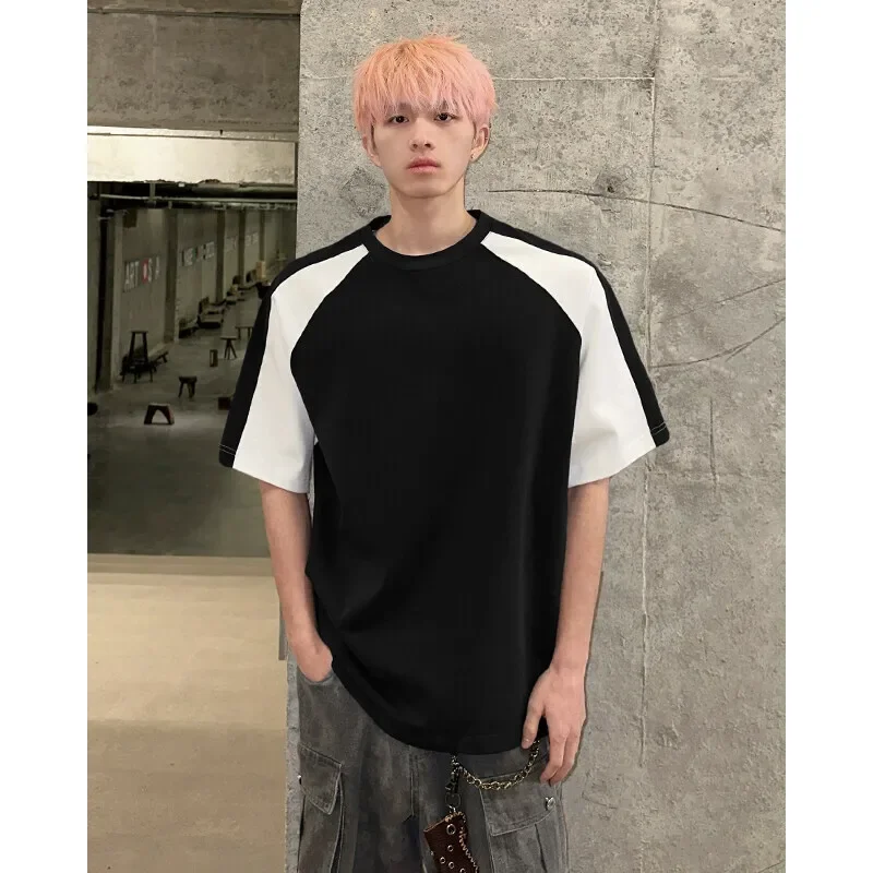 Pop Summer Short Sleeved T-shirt Men Contrasting Color Casual T Shirt Men Streetwear Korean Loose Round Neck T Shirt Mens Top M-