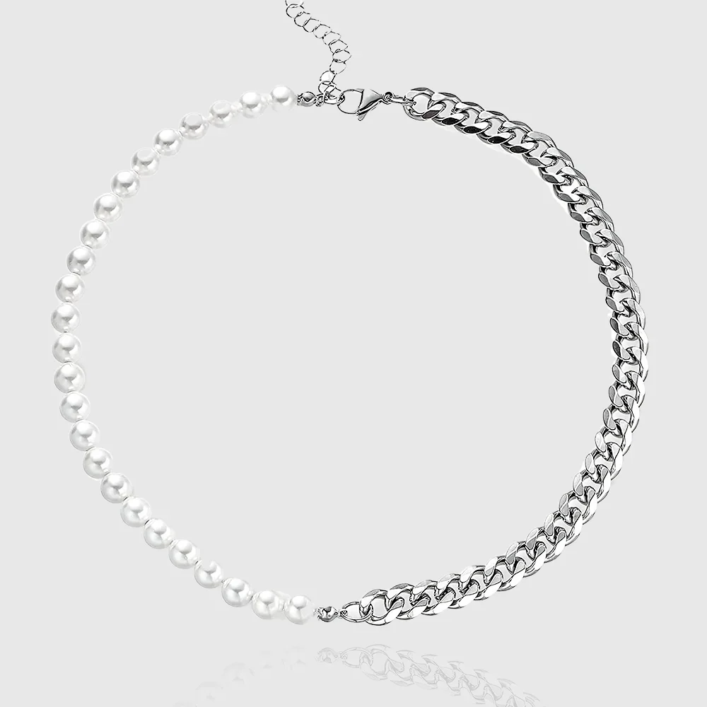 

Pearl Necklace for Men-Half Pearl Half Chain Necklaces Cuban Link Chains for Men Stainless Steel Jewelry