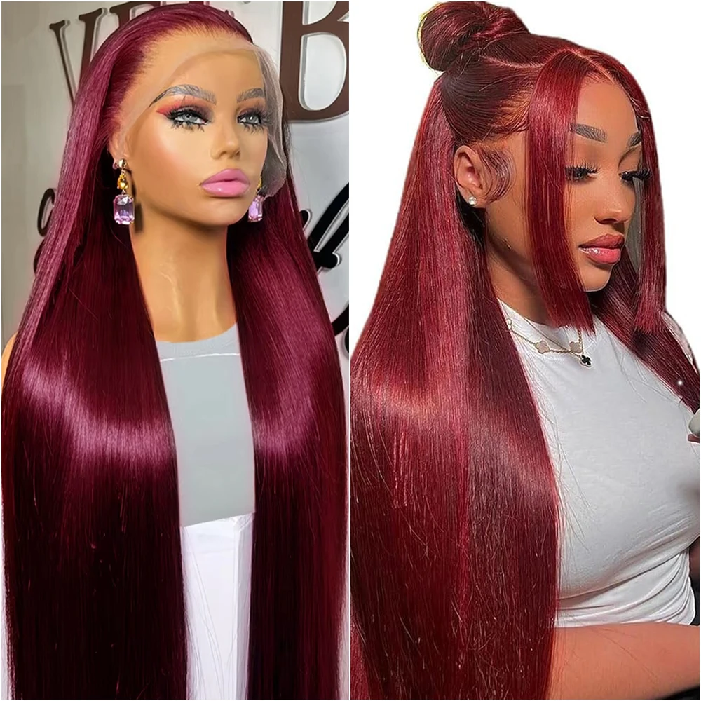 

30 40 Inch Red Colored Straight Human Hair Wigs 13x4 13x6 HD Lace Burgundy 99J Frontal Human Hair Wigs For Women 200% Density