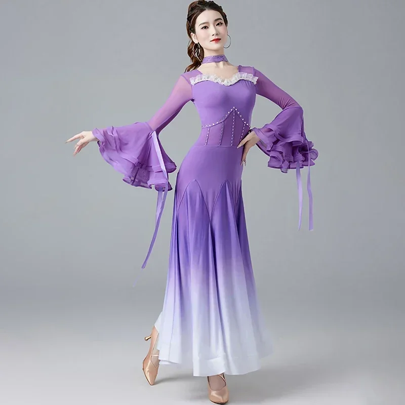 

Waltz New Ballroom Dance Ballroom Dance Practice Suit Pearl Ruffled Purple Female Ballroom dress Competition Suit