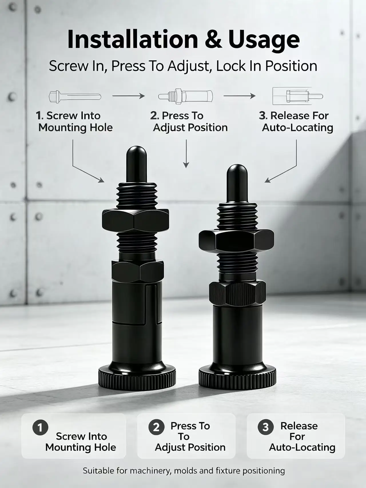 Self‑Locking Knob Plunger Carbon Steel Black Oxide Spring‑Loaded Indexing Locating Pin With Lock Nut view 3