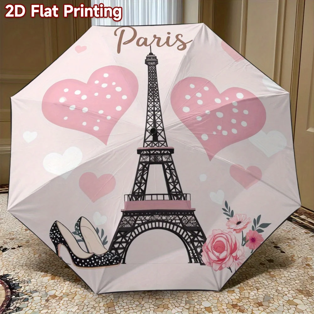 

Автоматический складной зонт Paris Love Doodles, 1 шт. — компактный дизайн с 8 спицами, с изображением Эйфелевой башни и сердечек, розовый цветочный узор, Du