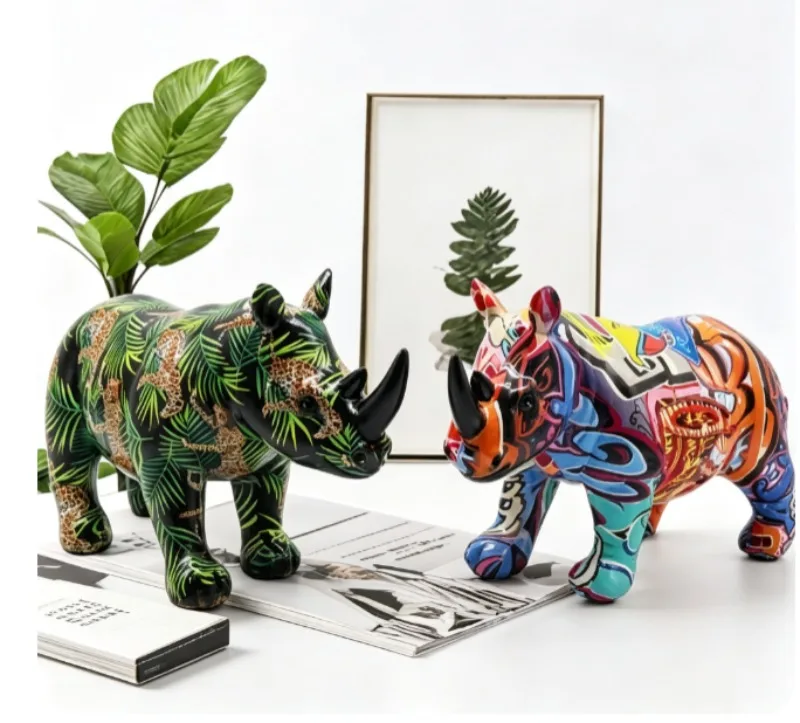 Creative Rhinoceros Statue, Abstract Graffiti, Animal Model,Rhinoceros Resin Sculpture,Home and Office Crafts,Decorative Desktop