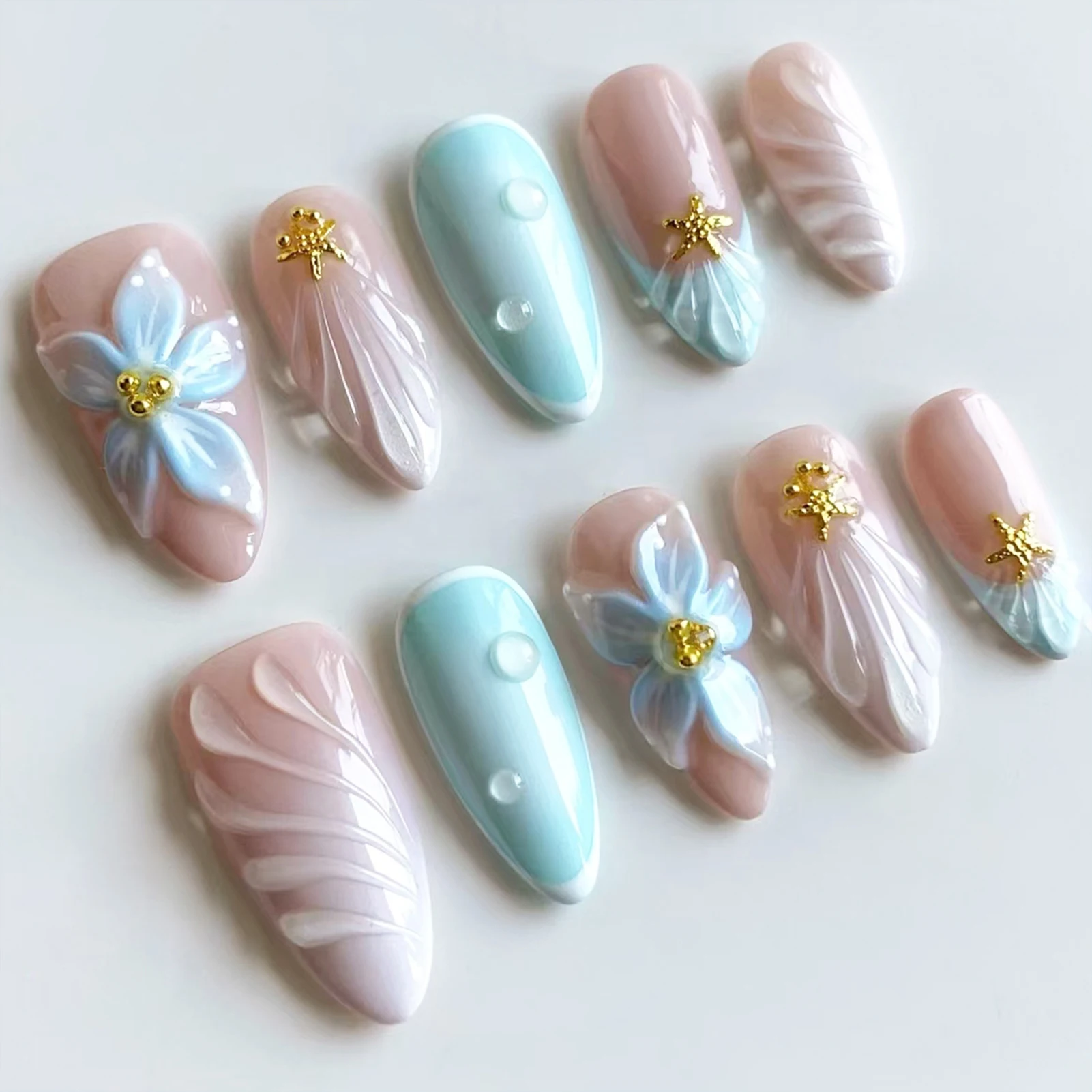 Nail Art Simple Elegant - 24pcs Fake Nails 3D Blue Oceans
