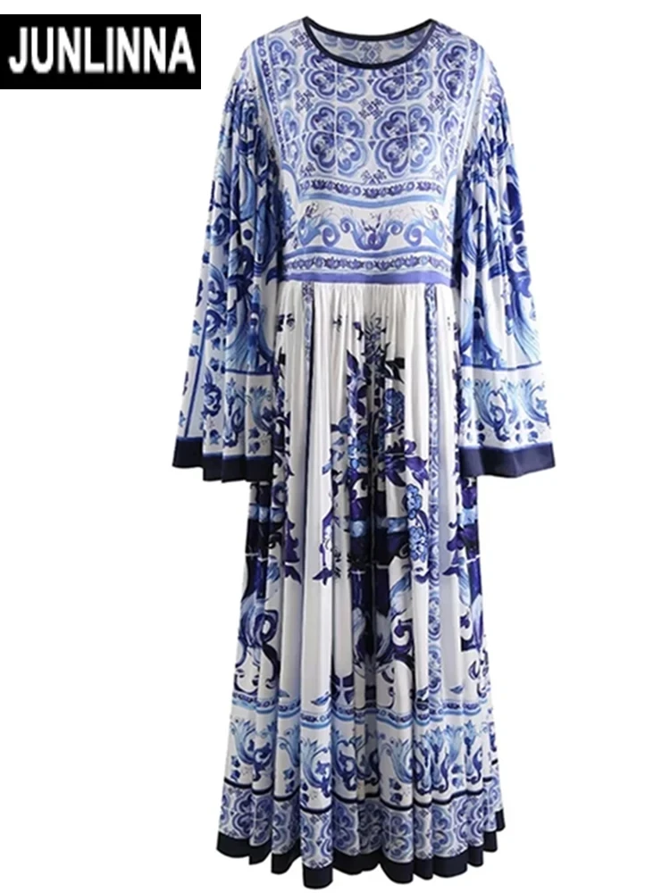 

JUNLINNA Fashion Designer Long Dress Autumn Women Flare Sleeve Blue and White Porcelain Printing Party Vacation Loose Vestidos