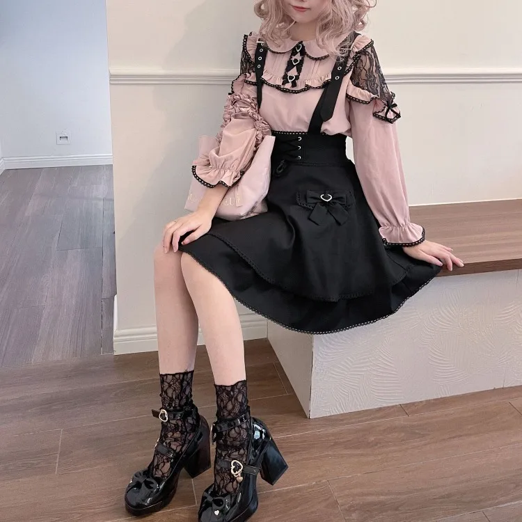 Harajuku Lolita Black Strap Skirt for Women Y2k E-Girl High Waist A-line Skirts 2024 Spring New Ruched Bow Faldas Mujer