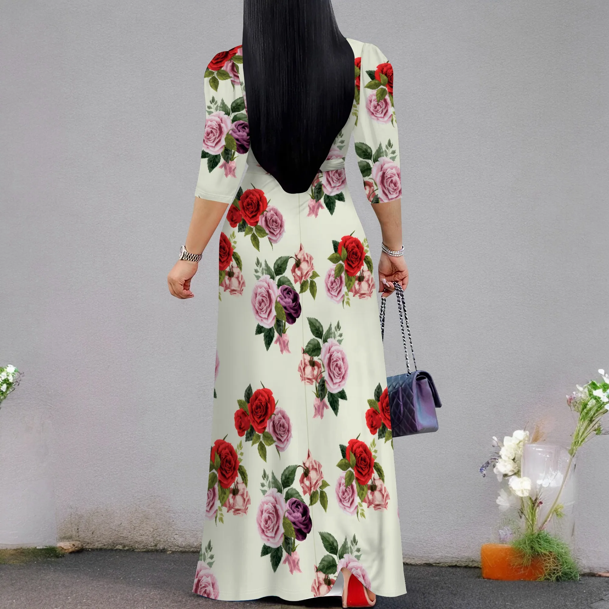 Mehrfarbiges Wickel-Maxikleid mit Rosenmuster, Übergröße, elegantes Frühlings-Hochzeitsgast-Partykleid