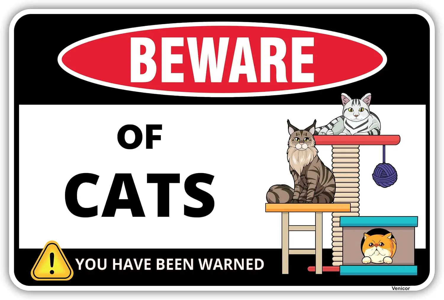 Venicor Vorsicht vor Katzen Schild - Lustiges Aluminium-Türschild mit Aufschrift 'Angriff der süßen Katzen' als Deko für Katzenliebhaber, als Geschenk für Zuhause, Zimmer oder Wand